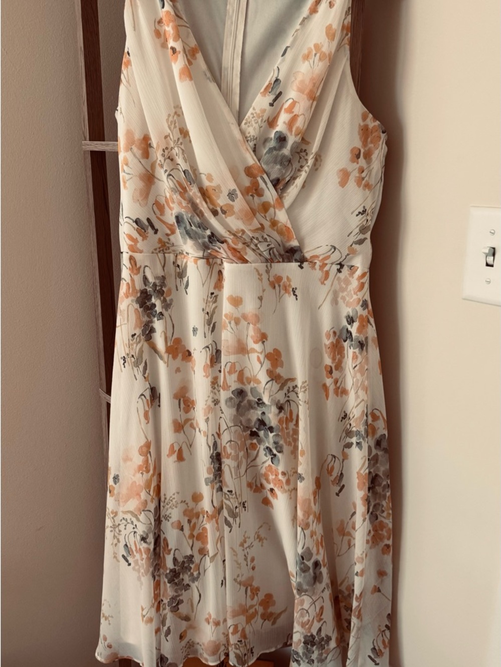 Lauren Ralph Lauren Ivory Midi Dress with Peach and Gray Floral Print